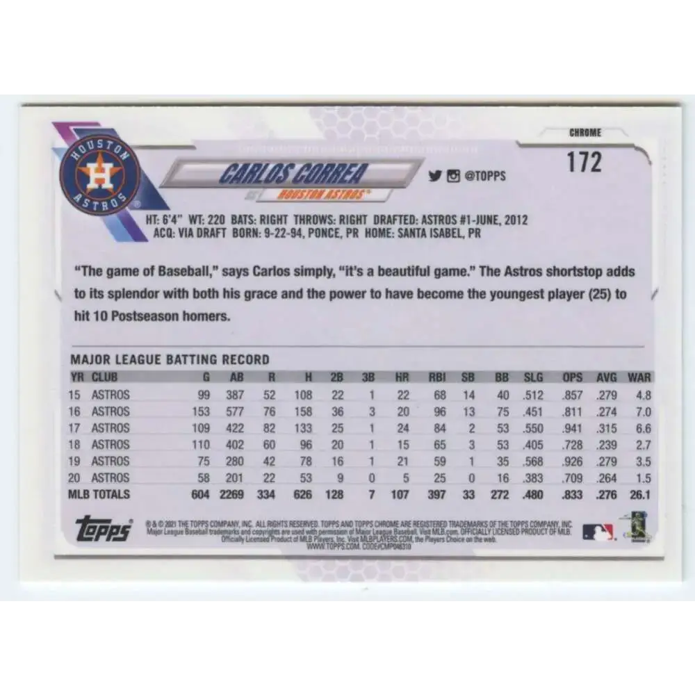 2021 Topps Chrome #172 Carlos Correa NM-MT Houston Astros Baseball Card - Baseball Card Single