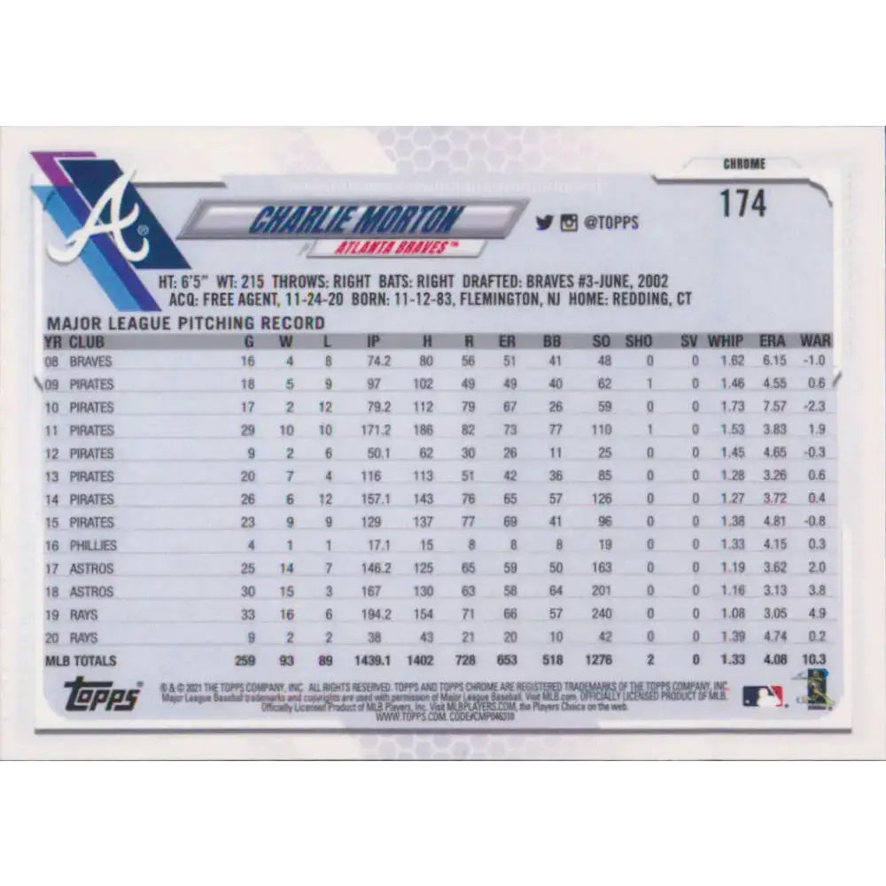 2021 Topps Chrome #174 Charlie Morton NM-MT Atlanta Braves Baseball Card - Baseball Card Single