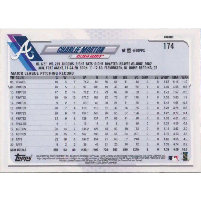 2021 Topps Chrome #174 Charlie Morton NM-MT Atlanta Braves Baseball Card - Baseball Card Single