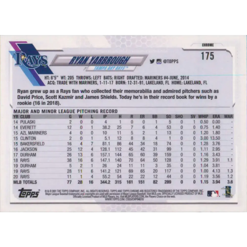 2021 Topps Chrome #175 Ryan Yarbrough NM-MT Tampa Bay Rays Baseball Card - Baseball Card Single