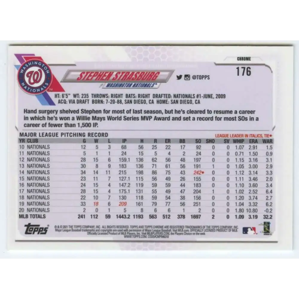 2021 Topps Chrome #176 Stephen Strasburg NM-MT Washington Nationals Baseball Card - Baseball Card Single