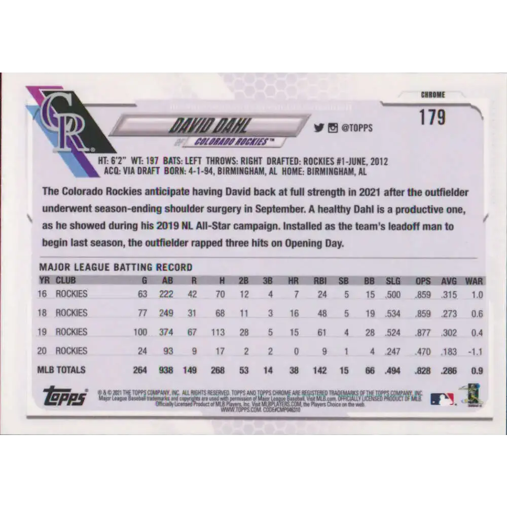 2021 Topps Chrome #179 David Dahl NM-MT Colorado Rockies Baseball Card - Baseball Card Single