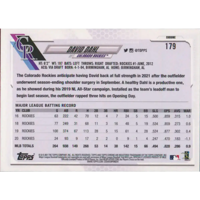 2021 Topps Chrome #179 David Dahl NM-MT Colorado Rockies Baseball Card - Baseball Card Single