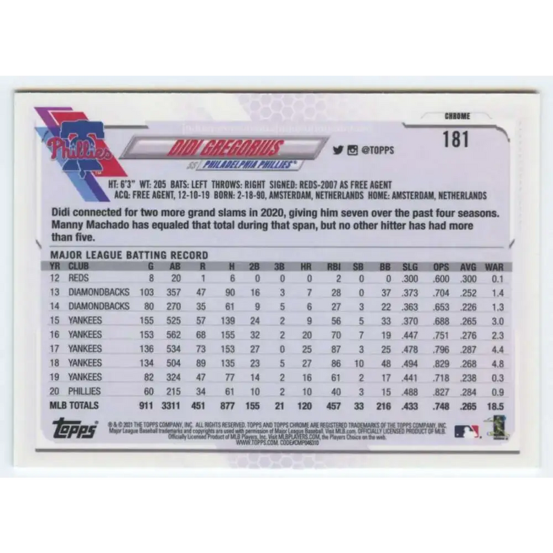 2021 Topps Chrome #181 Didi Gregorius NM-MT Philadelphia Phillies Baseball Card - Baseball Card Single