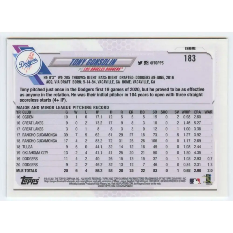 2021 Topps Chrome #183 Tony Gonsolin NM-MT Los Angeles Dodgers Baseball Card - Baseball Card Single