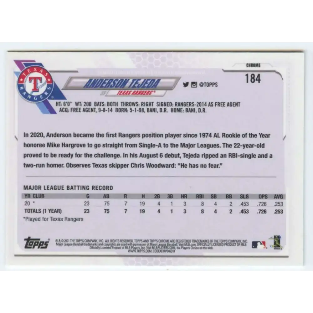 2021 Topps Chrome #184 Anderson Tejeda NM-MT RC Rookie Texas Rangers Baseball Card - Baseball Card Single
