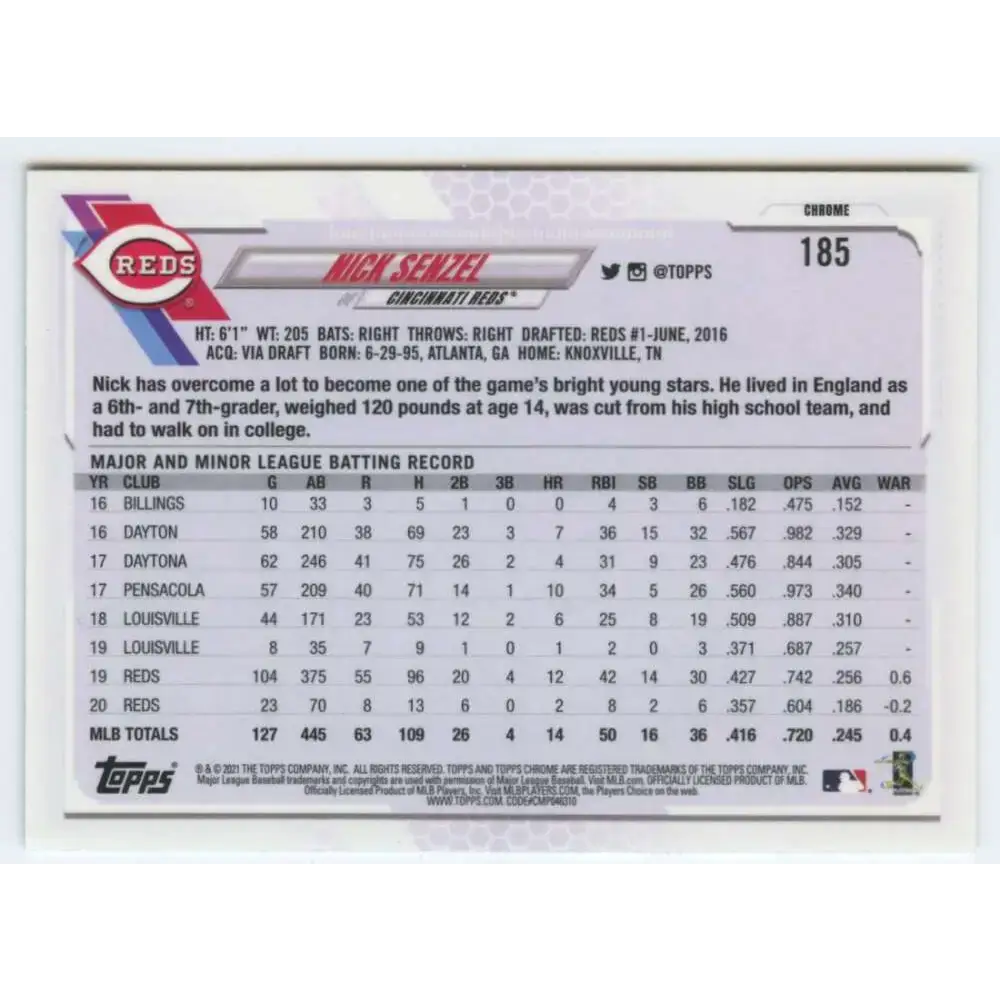 2021 Topps Chrome #185 Nick Senzel NM-MT Cincinnati Reds Baseball Card - Baseball Card Single