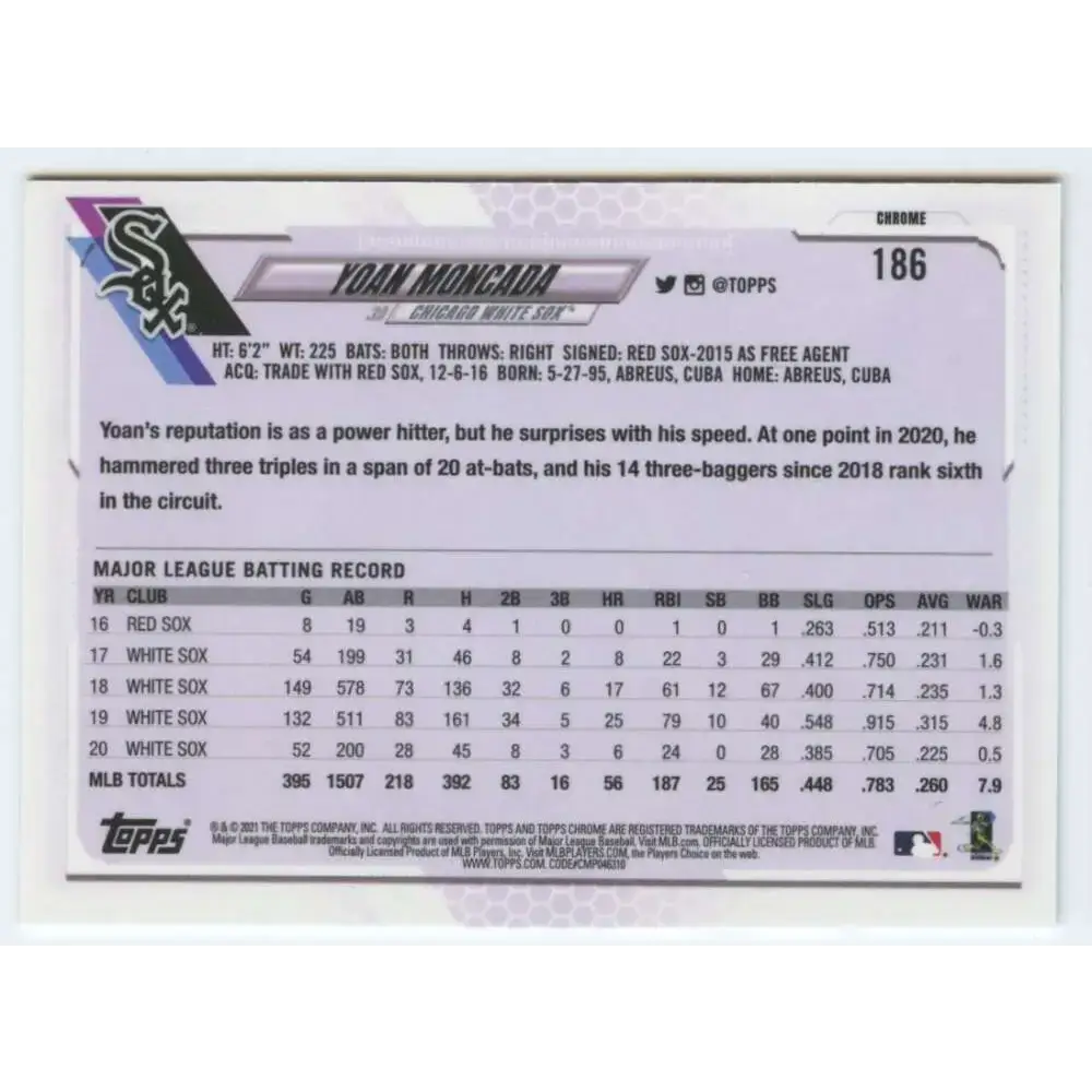 2021 Topps Chrome #186 Yoan Moncada NM-MT Chicago White Sox Baseball Card - Baseball Card Single