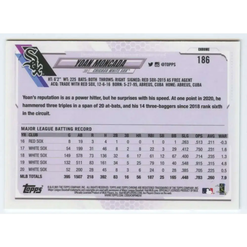 2021 Topps Chrome #186 Yoan Moncada NM-MT Chicago White Sox Baseball Card - Baseball Card Single