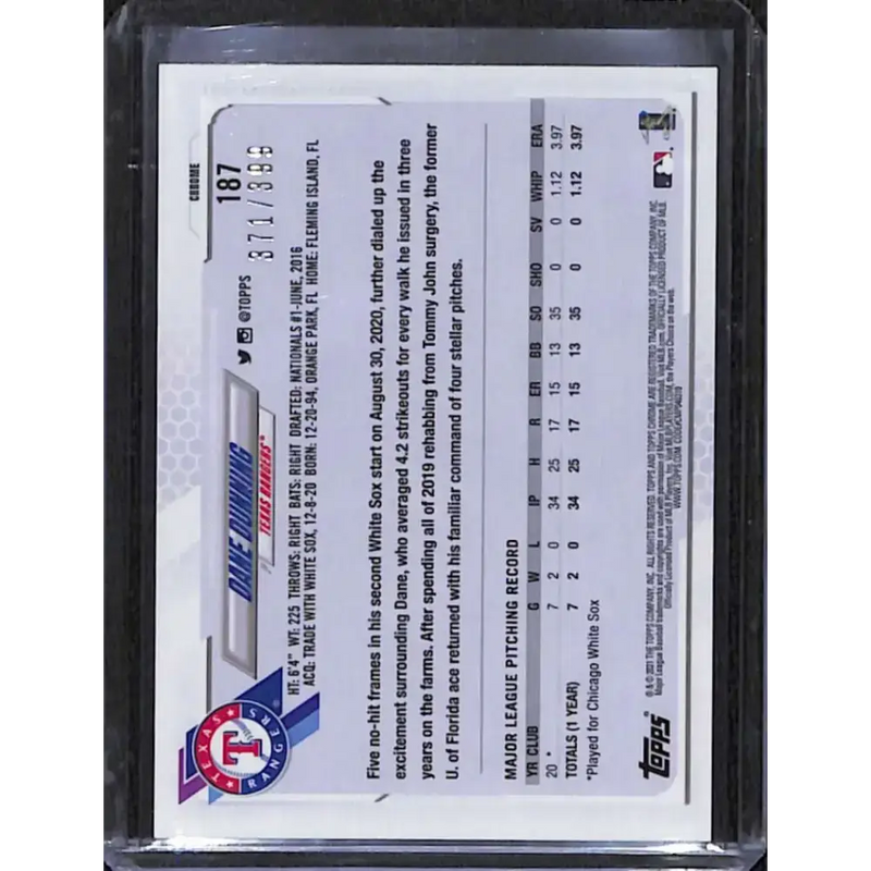 2021 Topps Chrome #187 Dane Dunning Magenta Refractor #/399 NM-MT Baseball Card - Baseball Card Single