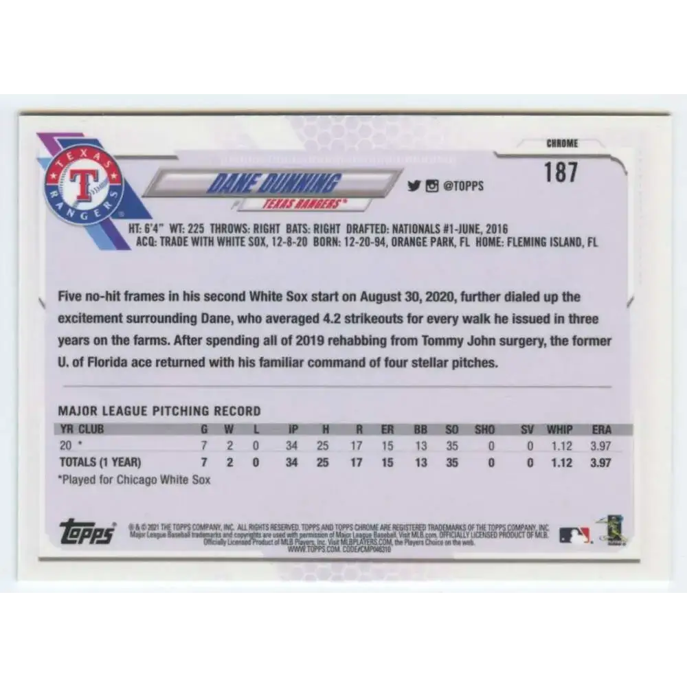 2021 Topps Chrome #187 Dane Dunning NM-MT RC Rookie Texas Rangers Baseball Card - Baseball Card Single
