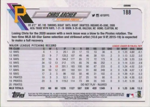 2021 Topps Chrome Chris Archer baseball card with original gloss Pirates NM-MT