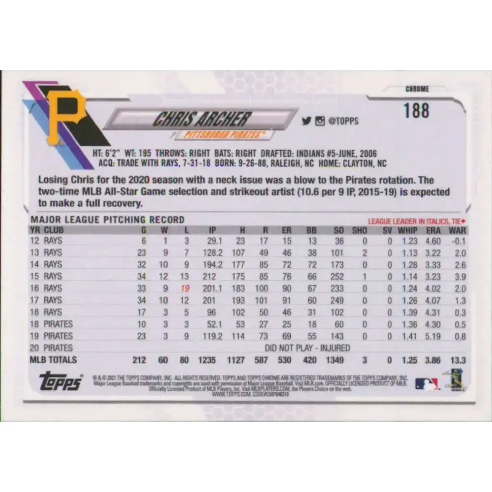 2021 Topps Chrome #188 Chris Archer NM-MT Pittsburgh Pirates Baseball Card - Baseball Card Single