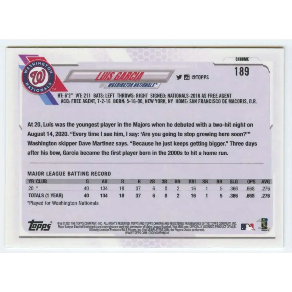 2021 Topps Chrome #189 Luis Garcia NM-MT RC Rookie Washington Nationals Baseball Card - Baseball Card Single