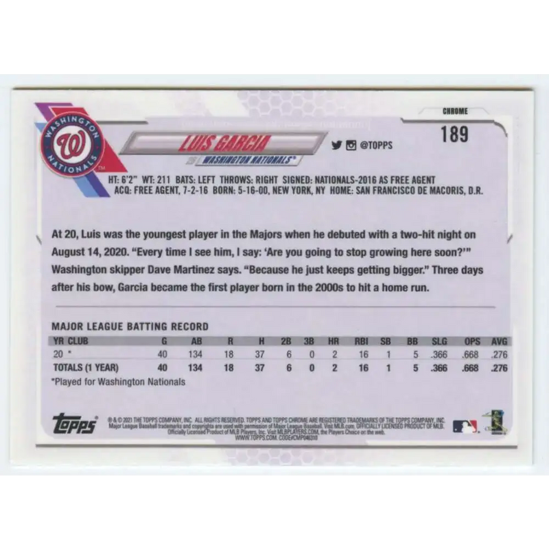2021 Topps Chrome #189 Luis Garcia NM-MT RC Rookie Washington Nationals Baseball Card - Baseball Card Single
