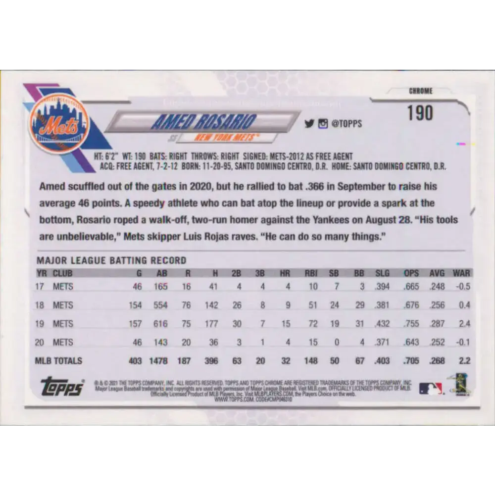 2021 Topps Chrome #190 Amed Rosario NM-MT New York Mets Baseball Card - Baseball Card Single