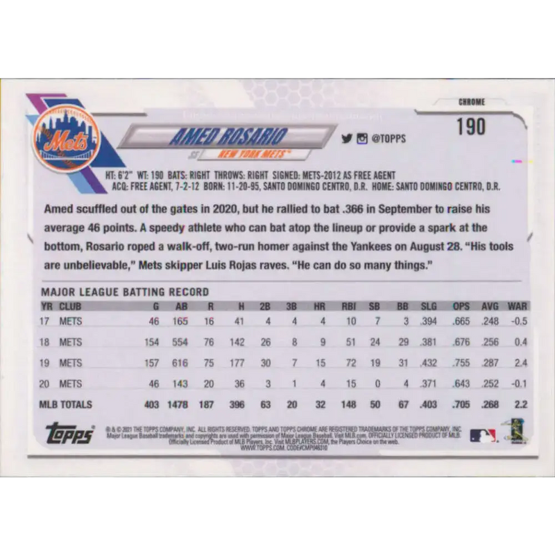 2021 Topps Chrome #190 Amed Rosario NM-MT New York Mets Baseball Card - Baseball Card Single