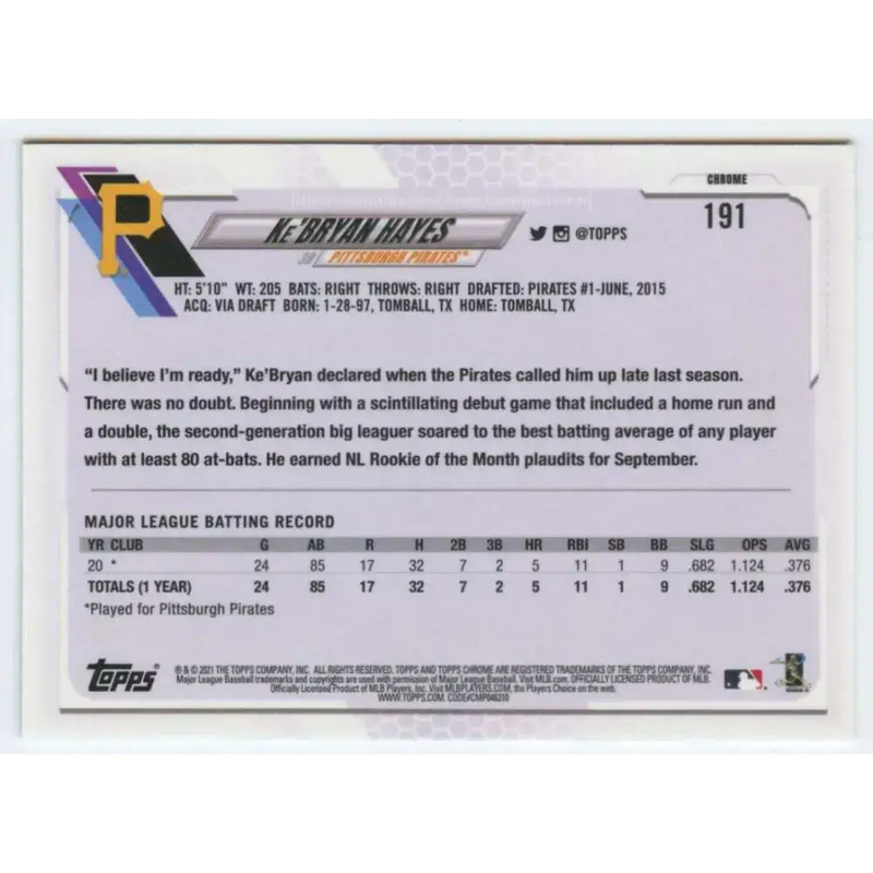 2021 Topps Chrome #191 Ke’Bryan Hayes NM-MT RC Rookie Pittsburgh Pirates Baseball Card - Baseball Card Single