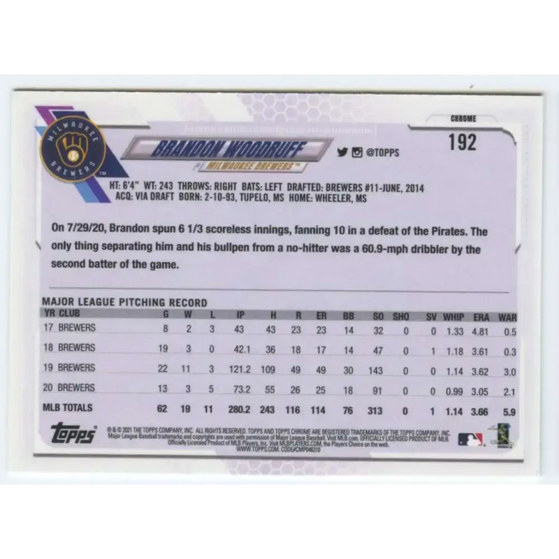 2021 Topps Chrome #192 Brandon Woodruff NM-MT Milwaukee Brewers Baseball Card - Baseball Card Single