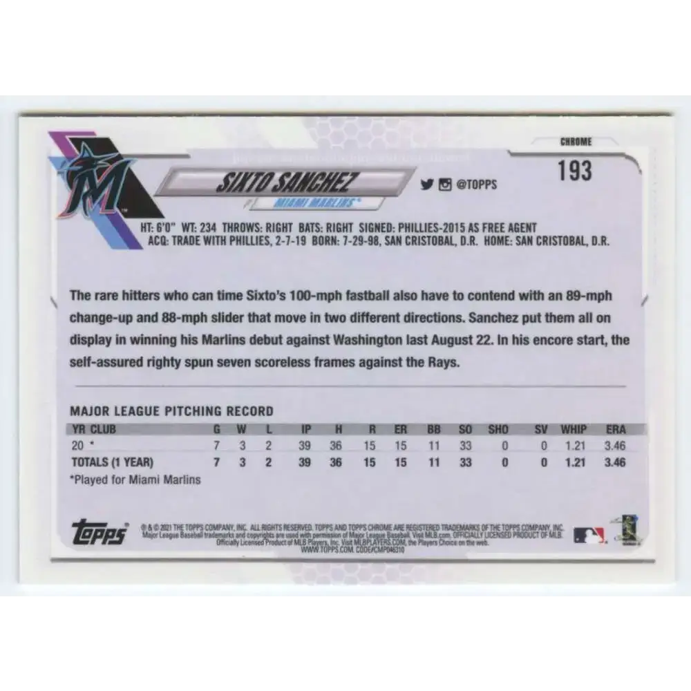 2021 Topps Chrome #193 Sixto Sanchez NM-MT RC Rookie Miami Marlins Baseball Card - Baseball Card Single