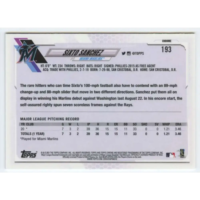 2021 Topps Chrome #193 Sixto Sanchez NM-MT RC Rookie Miami Marlins Baseball Card - Baseball Card Single