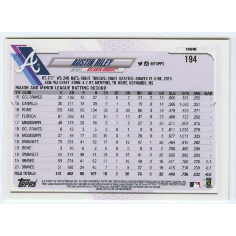 2021 Topps Chrome #194 Austin Riley NM-MT Atlanta Braves Baseball Card - Baseball Card Single