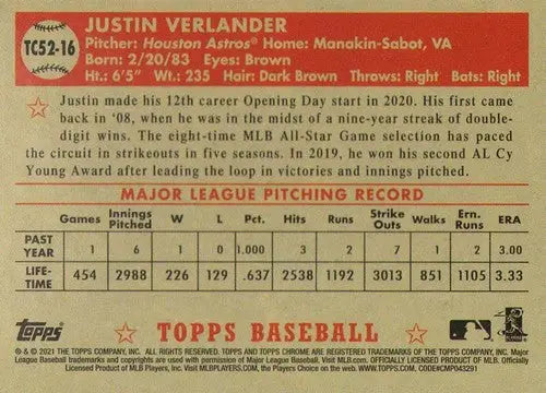 2021 Topps Chrome 1952 Topps Redux #TC52-16 Justin Verlander NM-MT Astr ID:34057 - Baseball Card Single