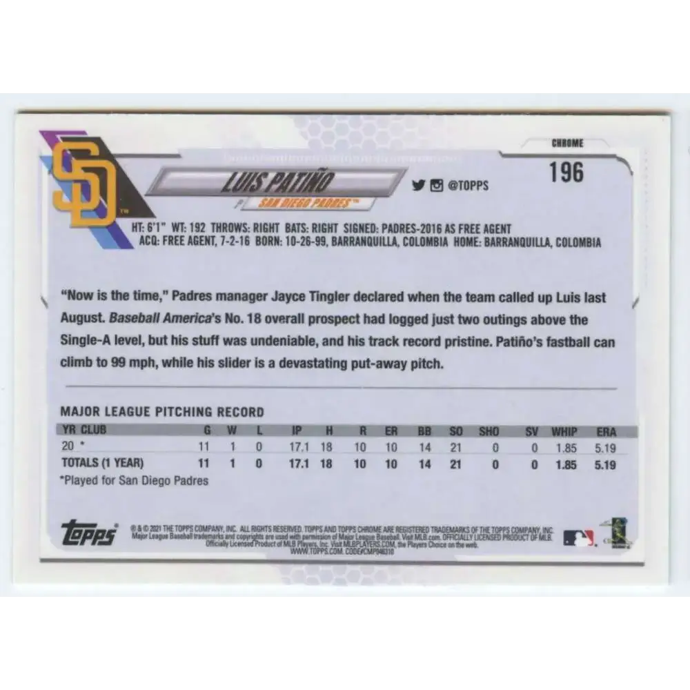 2021 Topps Chrome #196 Luis Patino NM-MT RC Rookie San Diego Padres Baseball Card - Baseball Card Single