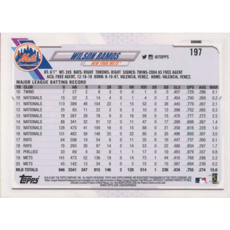 2021 Topps Chrome #197 Wilson Ramos NM-MT New York Mets Baseball Card - Baseball Card Single