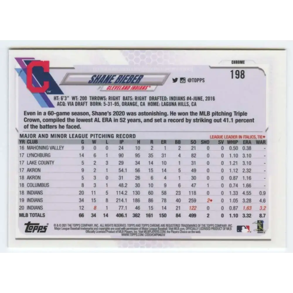 2021 Topps Chrome #198 Shane Bieber NM-MT Cleveland Indians Baseball Card - Baseball Card Single