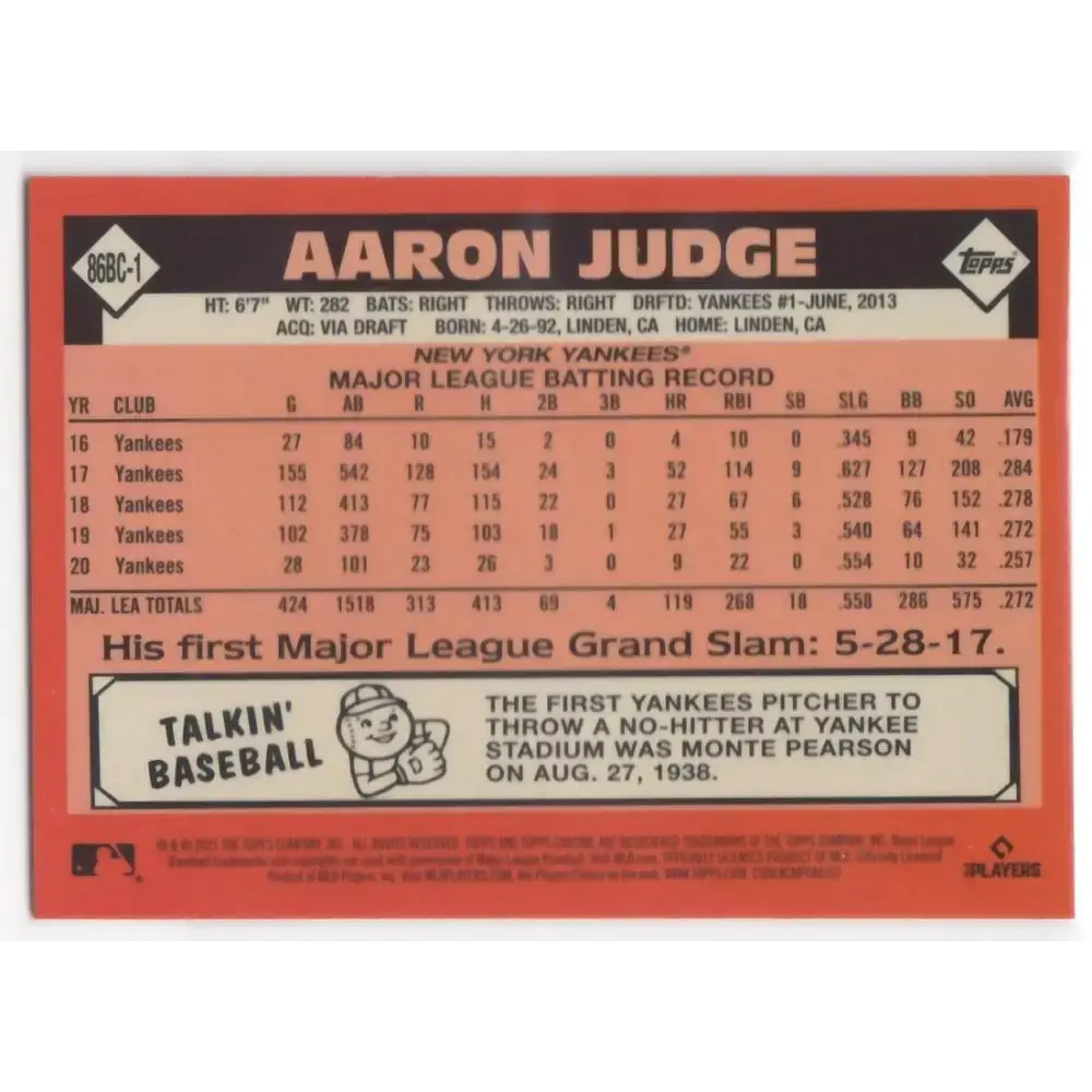 2021 Topps Chrome 1986 Topps Baseball Refractor #86BC-1 Aaron Judge NM-MT New York Yankees Baseball Card