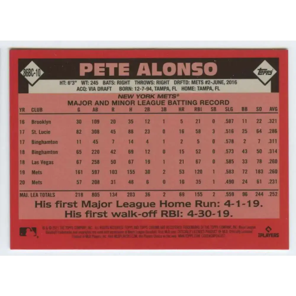 2021 Topps Chrome 1986 Topps Baseball Refractor #86BC-10 Pete Alonso NM-MT New York Mets Baseball Card - Baseball Card