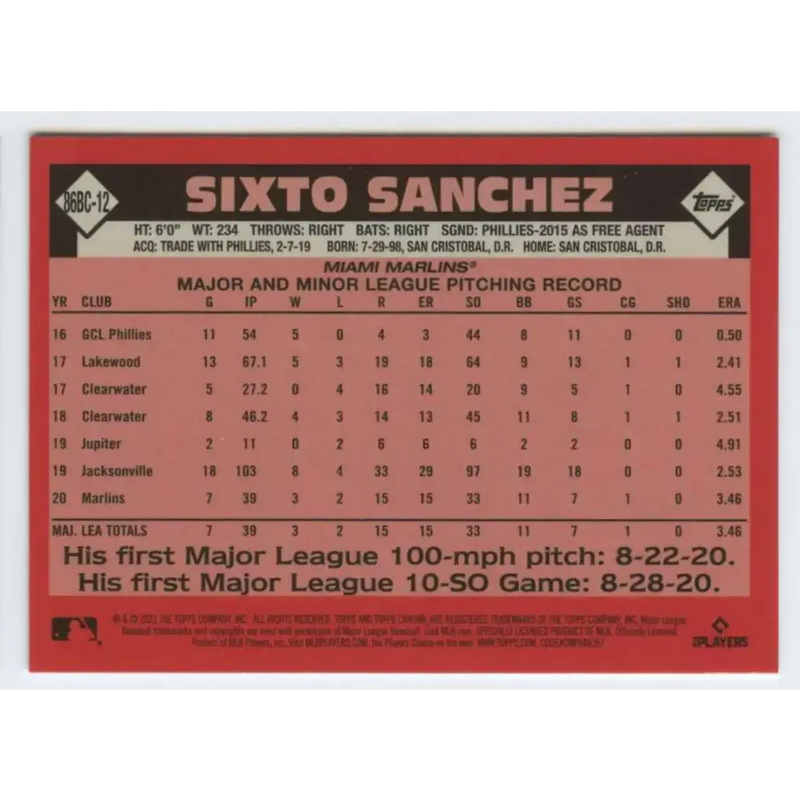 2021 Topps Chrome 1986 Topps Baseball Refractor #86BC-12 Sixto Sanchez NM-MT Miami Marlins Baseball Card - Baseball