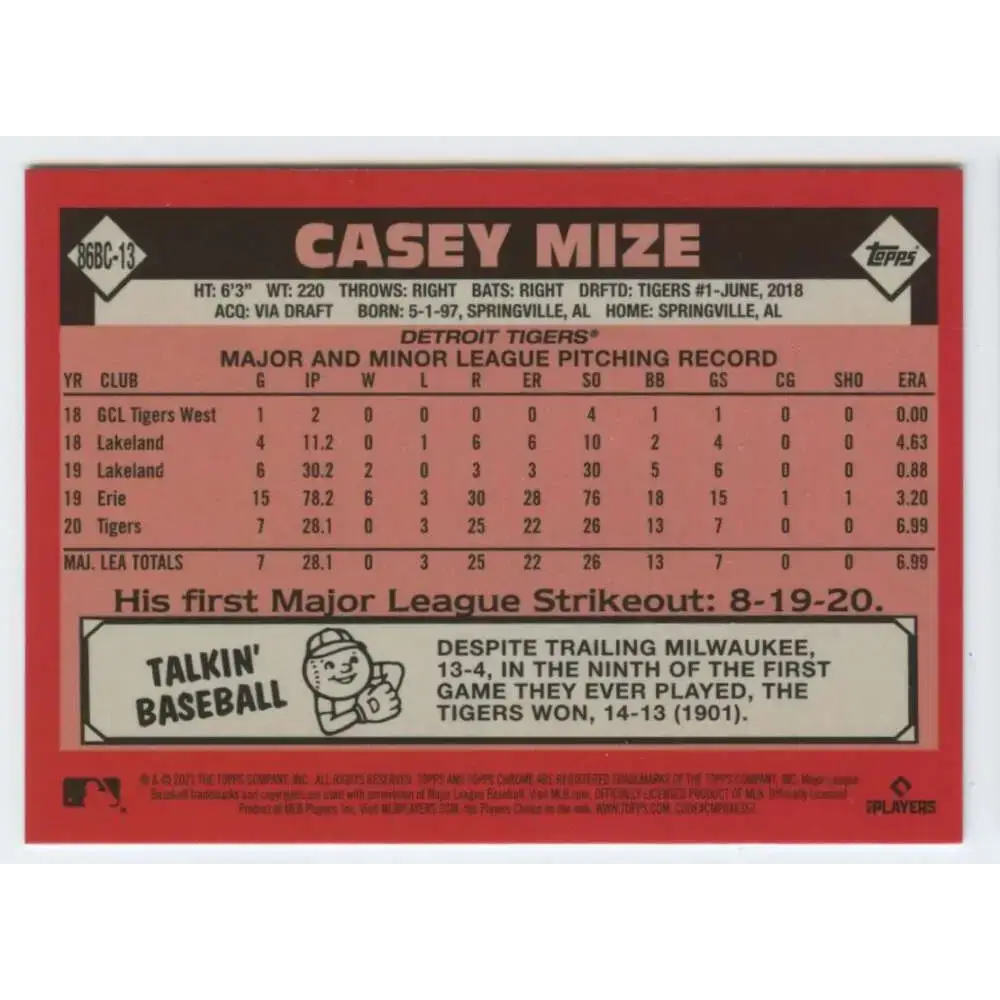 2021 Topps Chrome 1986 Topps Baseball Refractor #86BC-13 Casey Mize NM-MT Detroit Tigers Baseball Card - Baseball Card