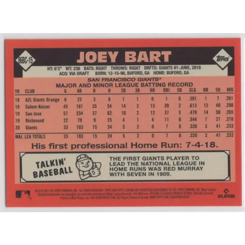 2021 Topps Chrome 1986 Topps Baseball Refractor #86BC-15 Joey Bart NM-MT San Francisco Giants Baseball Card - Baseball