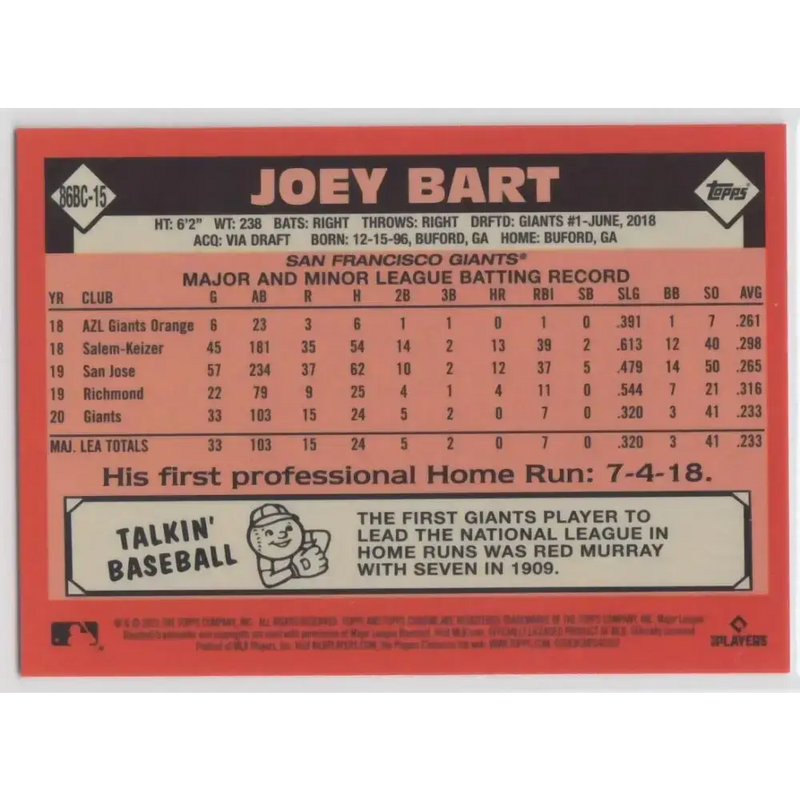 2021 Topps Chrome 1986 Topps Baseball Refractor #86BC-15 Joey Bart NM-MT San Francisco Giants Baseball Card - Baseball