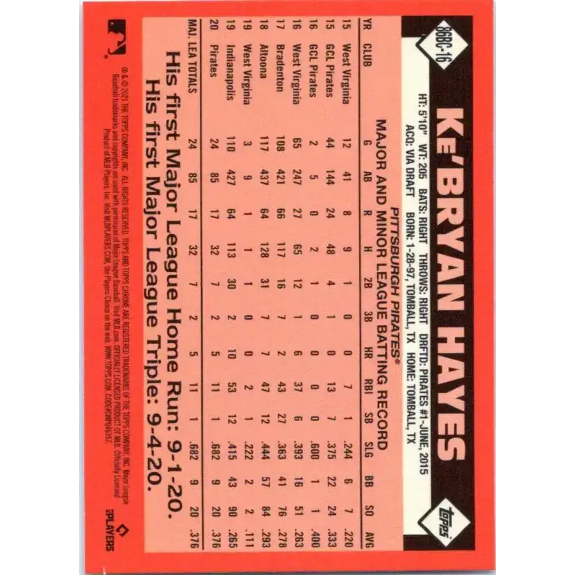 2021 Topps Chrome 1986 Topps Baseball Refractor #86BC-16 Ke’Bryan Hayes NM-MT Pittsburgh Pirates Baseball Card