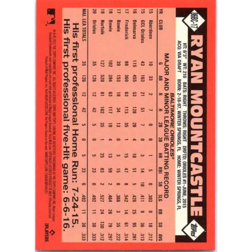 2021 Topps Chrome 1986 Topps Baseball Refractor #86BC-17 Ryan Mountcastle NM-MT Baltimore Orioles Baseball Card