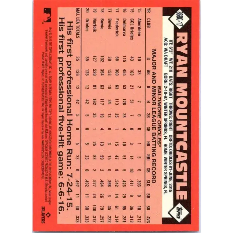 2021 Topps Chrome 1986 Topps Baseball Refractor #86BC-17 Ryan Mountcastle NM-MT Baltimore Orioles Baseball Card