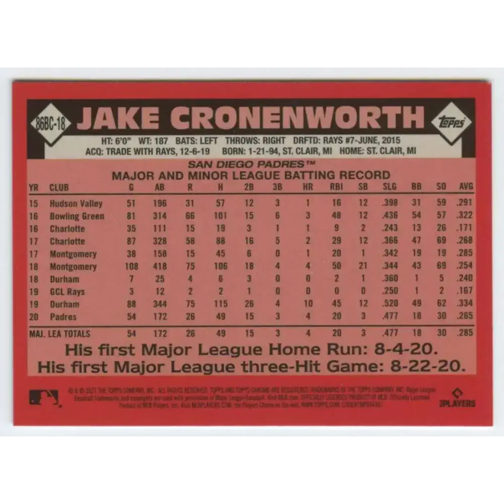 2021 Topps Chrome 1986 Topps Baseball Refractor #86BC-18 Jake Cronenworth NM-MT San Diego Padres Baseball Card