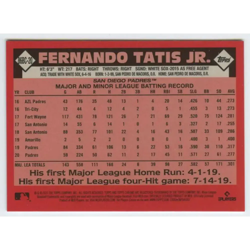 2021 Topps Chrome 1986 Topps Baseball Refractor #86BC-20 Fernando Tatis Jr. NM-MT San Diego Padres Baseball Card