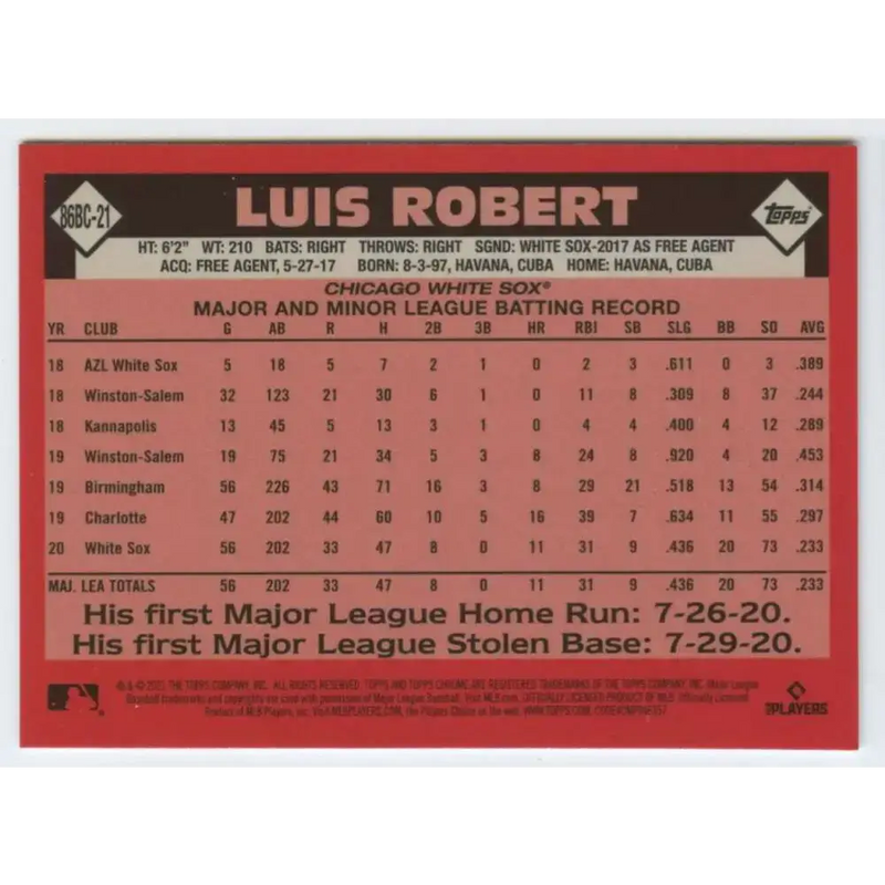 2021 Topps Chrome 1986 Topps Baseball Refractor #86BC-21 Luis Robert NM-MT Chicago White Sox Baseball Card - Baseball