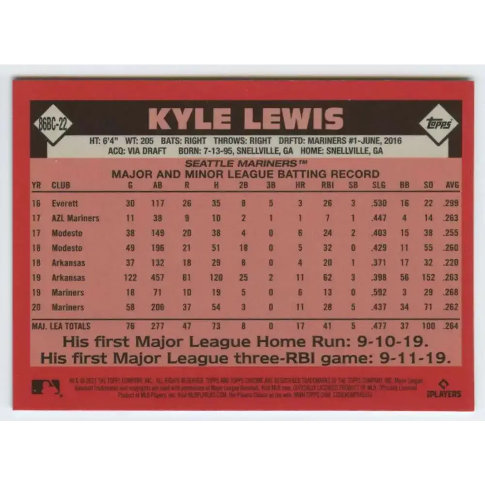 2021 Topps Chrome 1986 Topps Baseball Refractor #86BC-22 Kyle Lewis NM-MT Seattle Mariners Baseball Card - Baseball