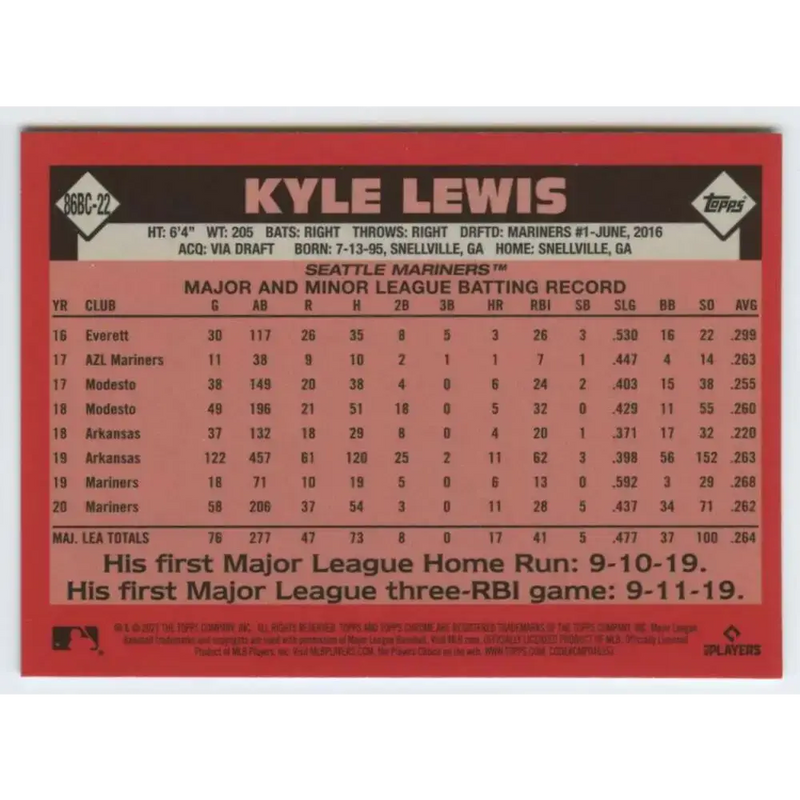 2021 Topps Chrome 1986 Topps Baseball Refractor #86BC-22 Kyle Lewis NM-MT Seattle Mariners Baseball Card - Baseball