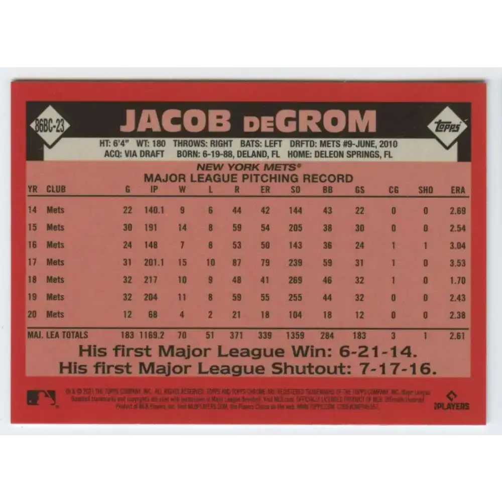 2021 Topps Chrome 1986 Topps Baseball Refractor #86BC-23 Jacob deGrom NM-MT New York Mets Baseball Card - Baseball Card