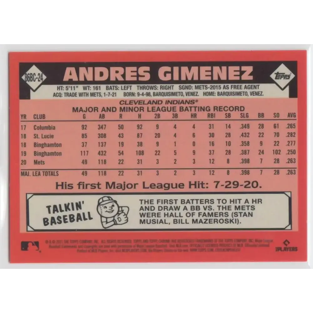 2021 Topps Chrome 1986 Topps Baseball Refractor #86BC-24 Andres Gimenez NM-MT Cleveland Indians Baseball Card