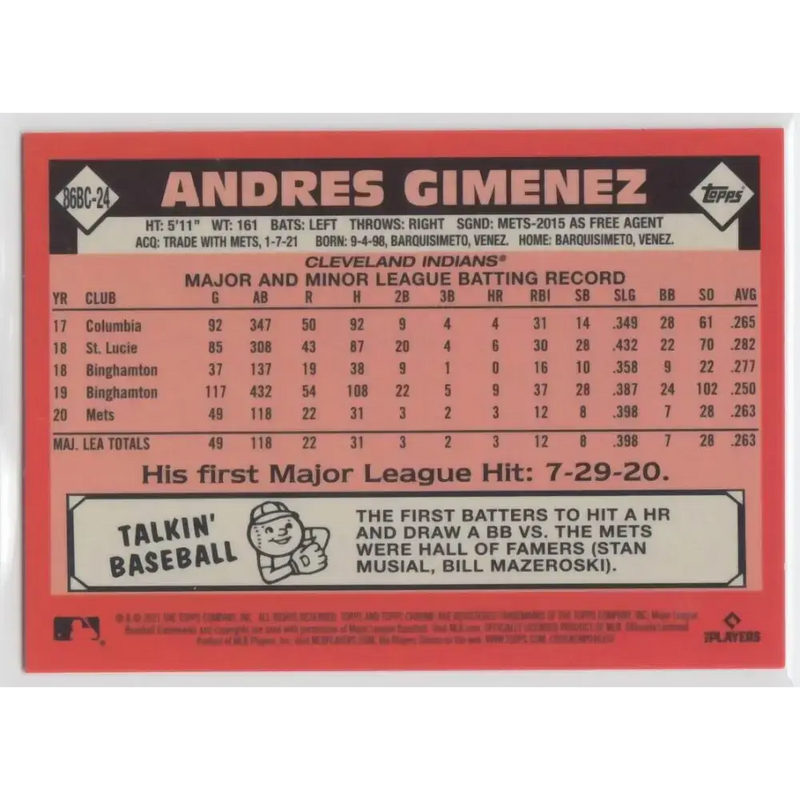 2021 Topps Chrome 1986 Topps Baseball Refractor #86BC-24 Andres Gimenez NM-MT Cleveland Indians Baseball Card