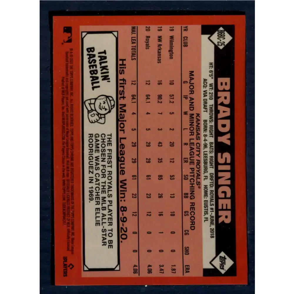 2021 Topps Chrome 1986 Topps Baseball Refractor #86BC-25 Brady Singer NM-MT Kansas City Royals Baseball Card - Baseball