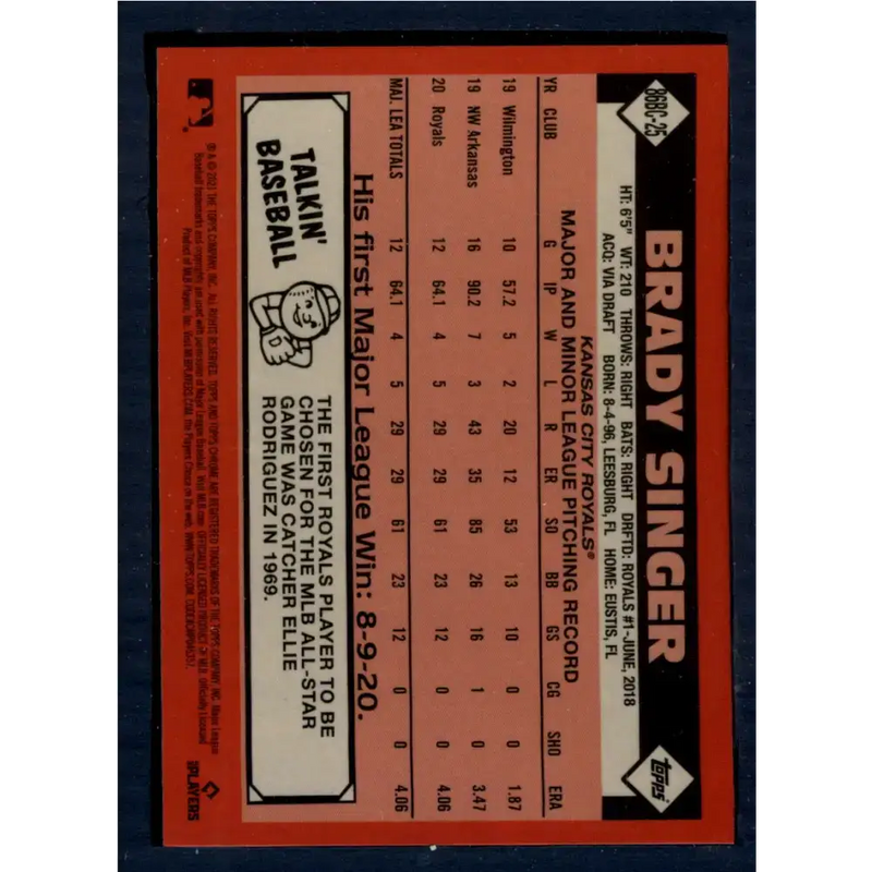 2021 Topps Chrome 1986 Topps Baseball Refractor #86BC-25 Brady Singer NM-MT Kansas City Royals Baseball Card - Baseball