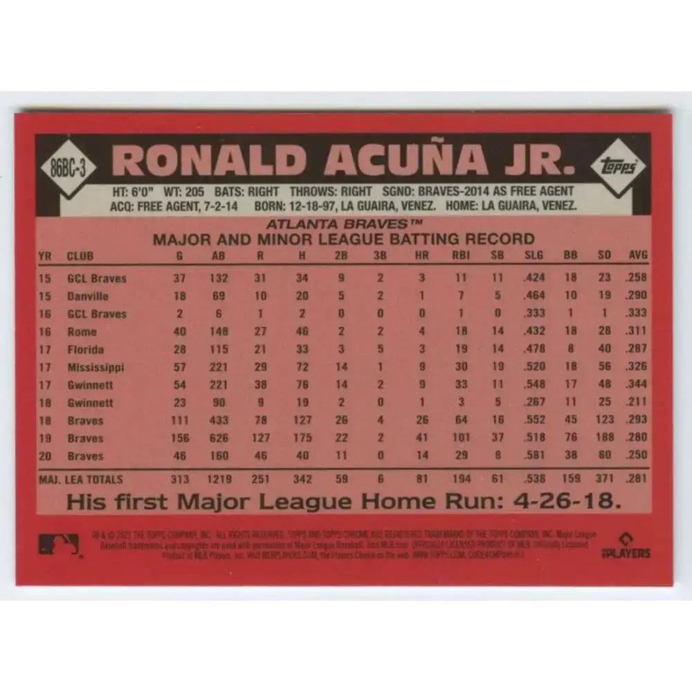 2021 Topps Chrome 1986 Topps Baseball Refractor #86BC-3 Ronald Acuna Jr. NM-MT Atlanta Braves Baseball Card - Baseball
